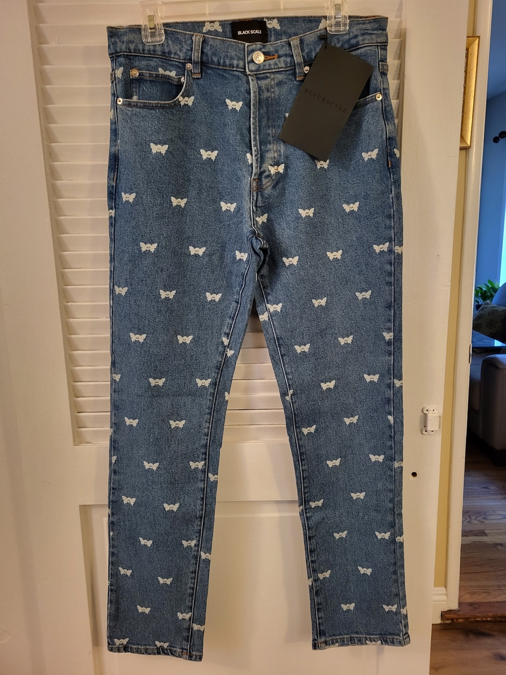 Black Scale Women's Blue Denim Jeans with White Butterfly Print